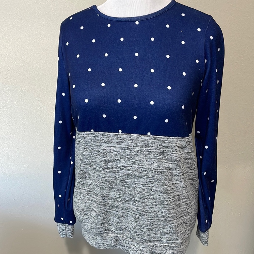 Women’s Size Large Long Sleeve Color Block Sweater Blue w/ Polka Dots & Gray